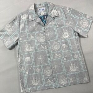 Vintage Hawaiian‎ Shirt Kai Nani Men XL Reverse Fabric Nautical Gray Blue USA